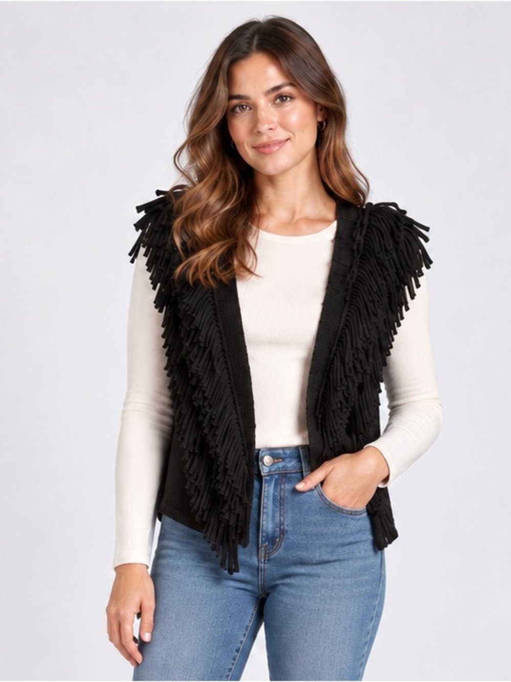 NIC+ZOE Black Fringe Wool Blend Sweater Vest Top Boho Western Festival Small